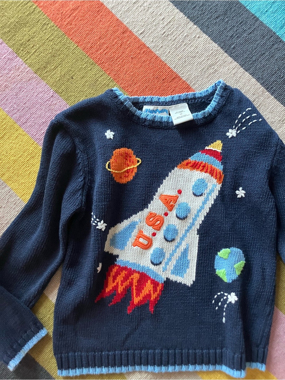 Vintage Flapdoodles kids Navy Rocket Sweater with Bright Space Motif